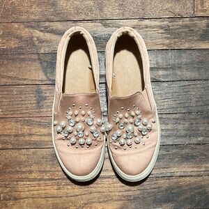 LAST CHANCE Pink satin slip on sneakers with pearl rhinestone and studs